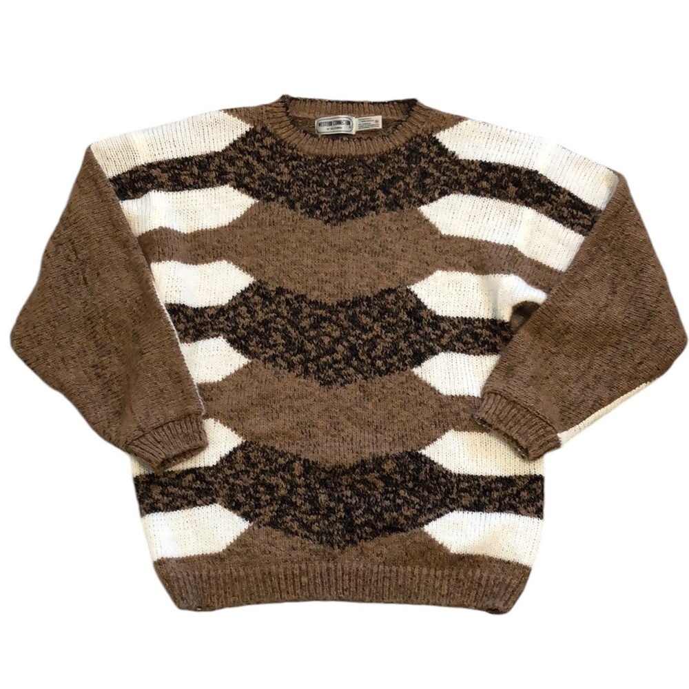 Western Connection Womens Sweater Sz M Brown Cream Pullover Cowgirl Neutral Cute